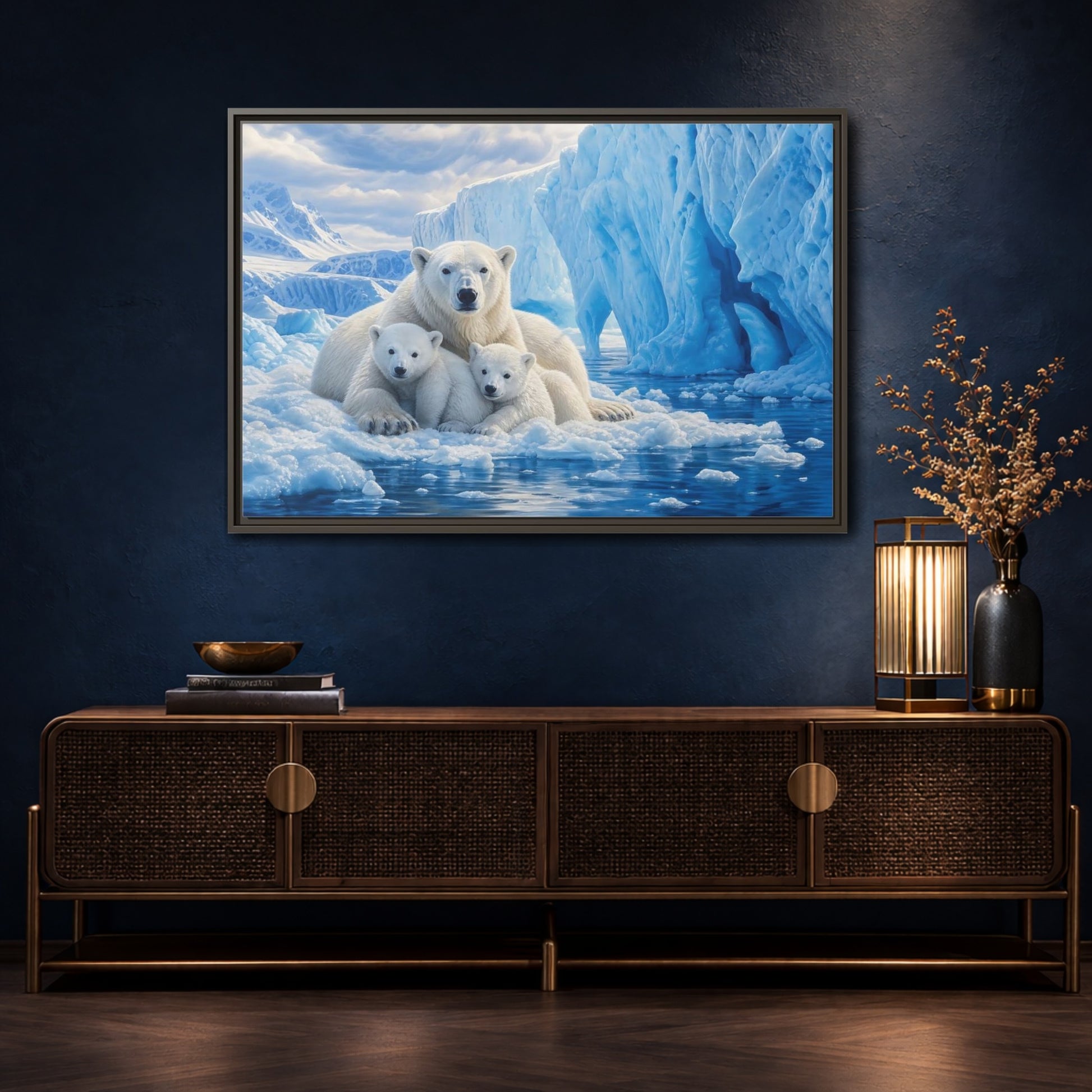 Mockup 4. Animals Polar Bears Blue And White Arctic shown as stretched canvas wall art