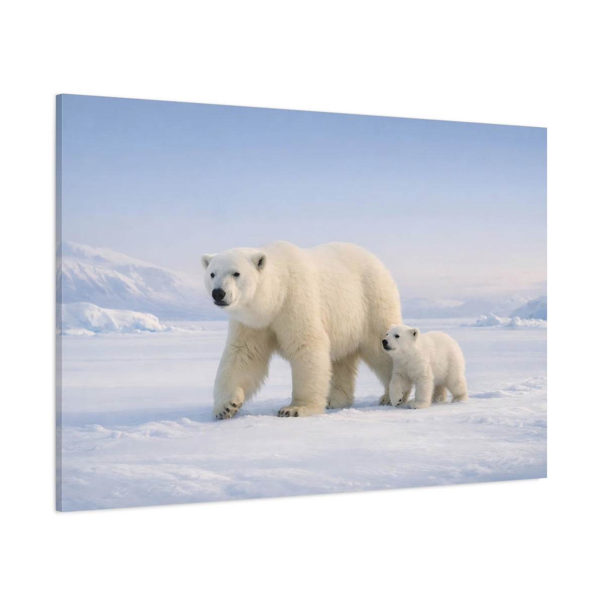Main Mockup. Animals Polar Bears White And Blue shown as stretched canvas wall art