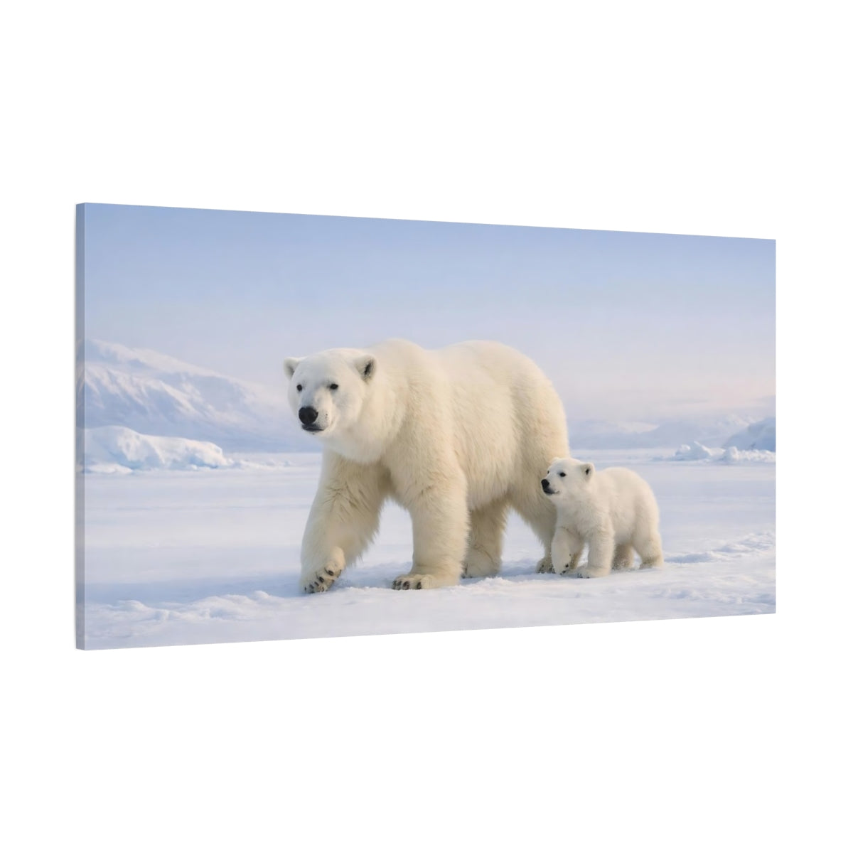Main Mockup. Animals Polar Bears White And Blue shown as stretched canvas wall art