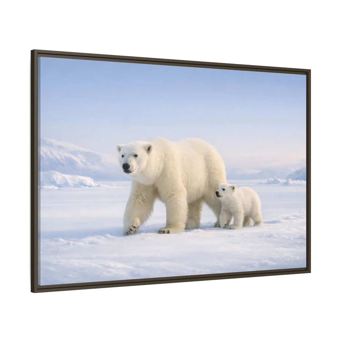 Main Mockup. Animals Polar Bears White And Blue shown as stretched canvas wall art