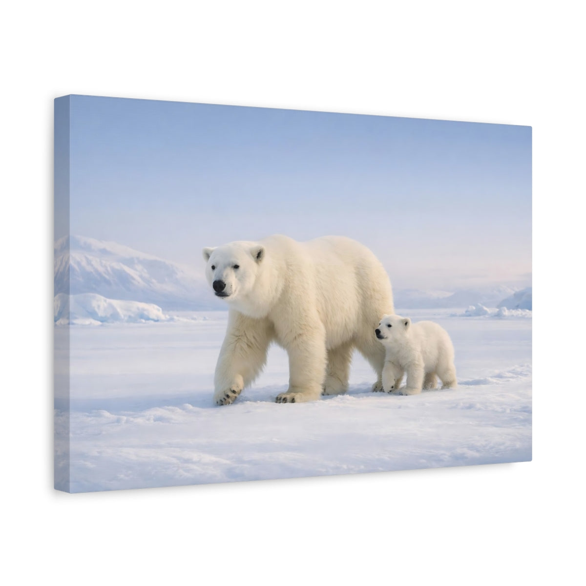 Side Mockup 4. Animals Polar Bears White And Blue shown as stretched canvas wall art