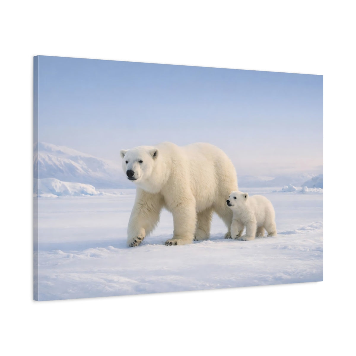 Side Mockup 1. Animals Polar Bears White And Blue shown as stretched canvas wall art