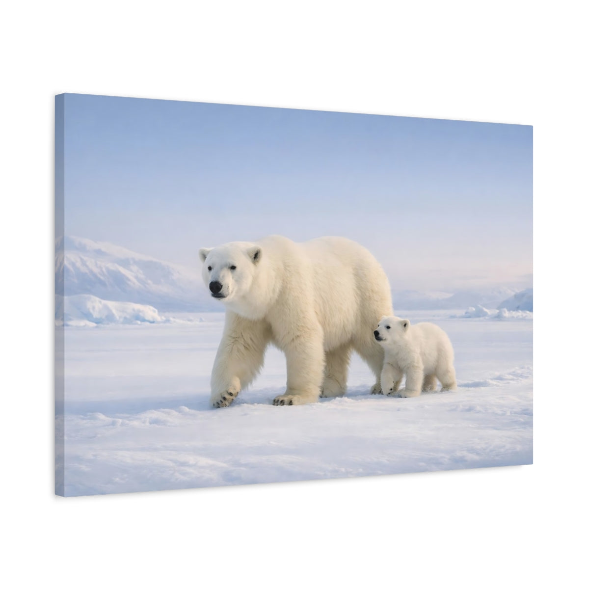 Side Mockup 2. Animals Polar Bears White And Blue shown as stretched canvas wall art