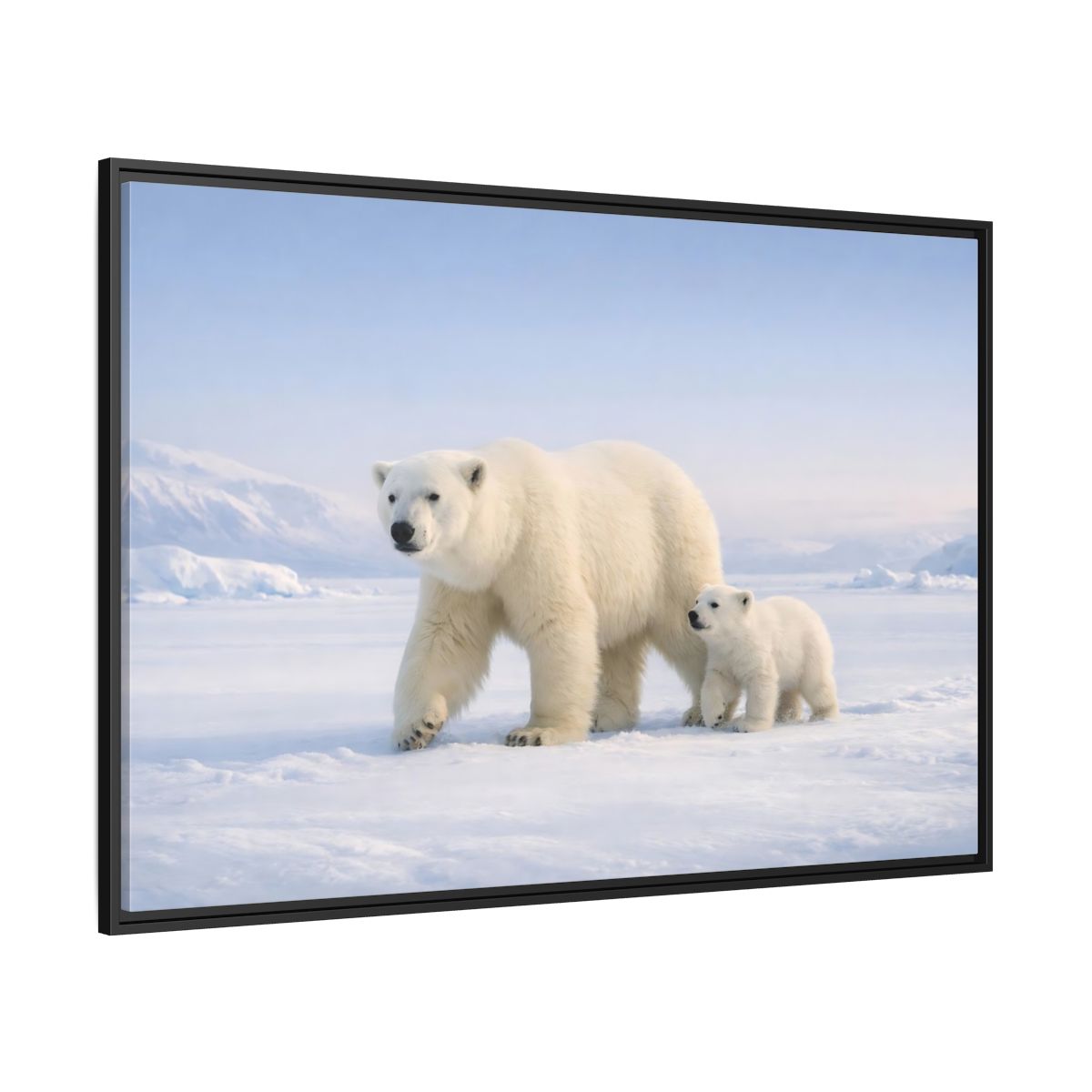 Side Mockup 12. Animals Polar Bears White And Blue shown as stretched canvas wall art