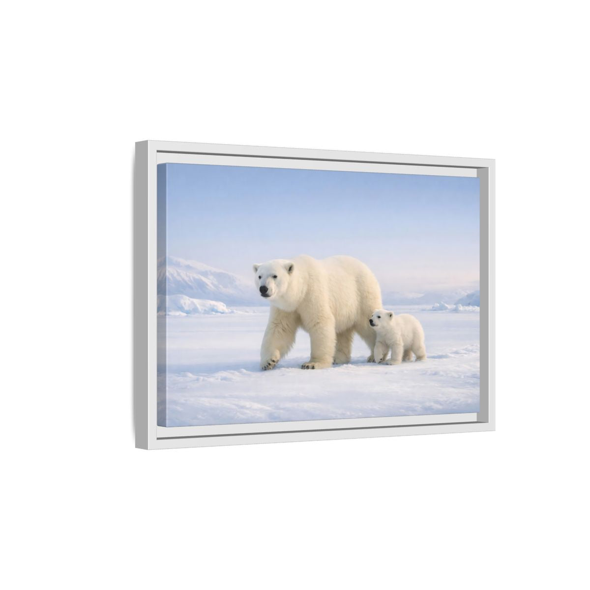 Side Mockup 4. Animals Polar Bears White And Blue shown as stretched canvas wall art
