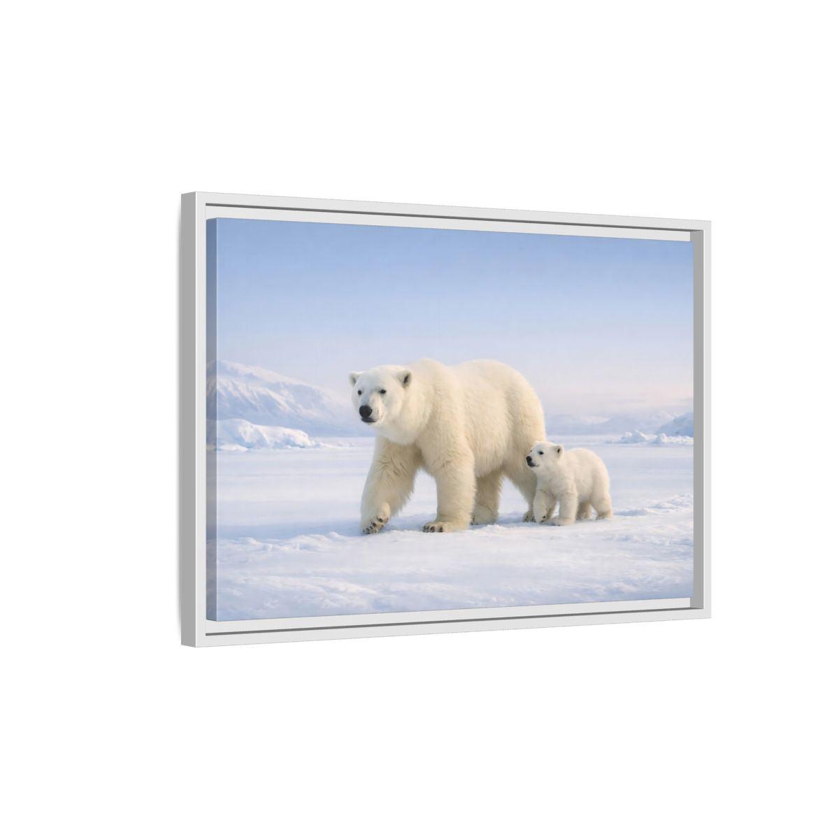 Side Mockup 1. Animals Polar Bears White And Blue shown as stretched canvas wall art
