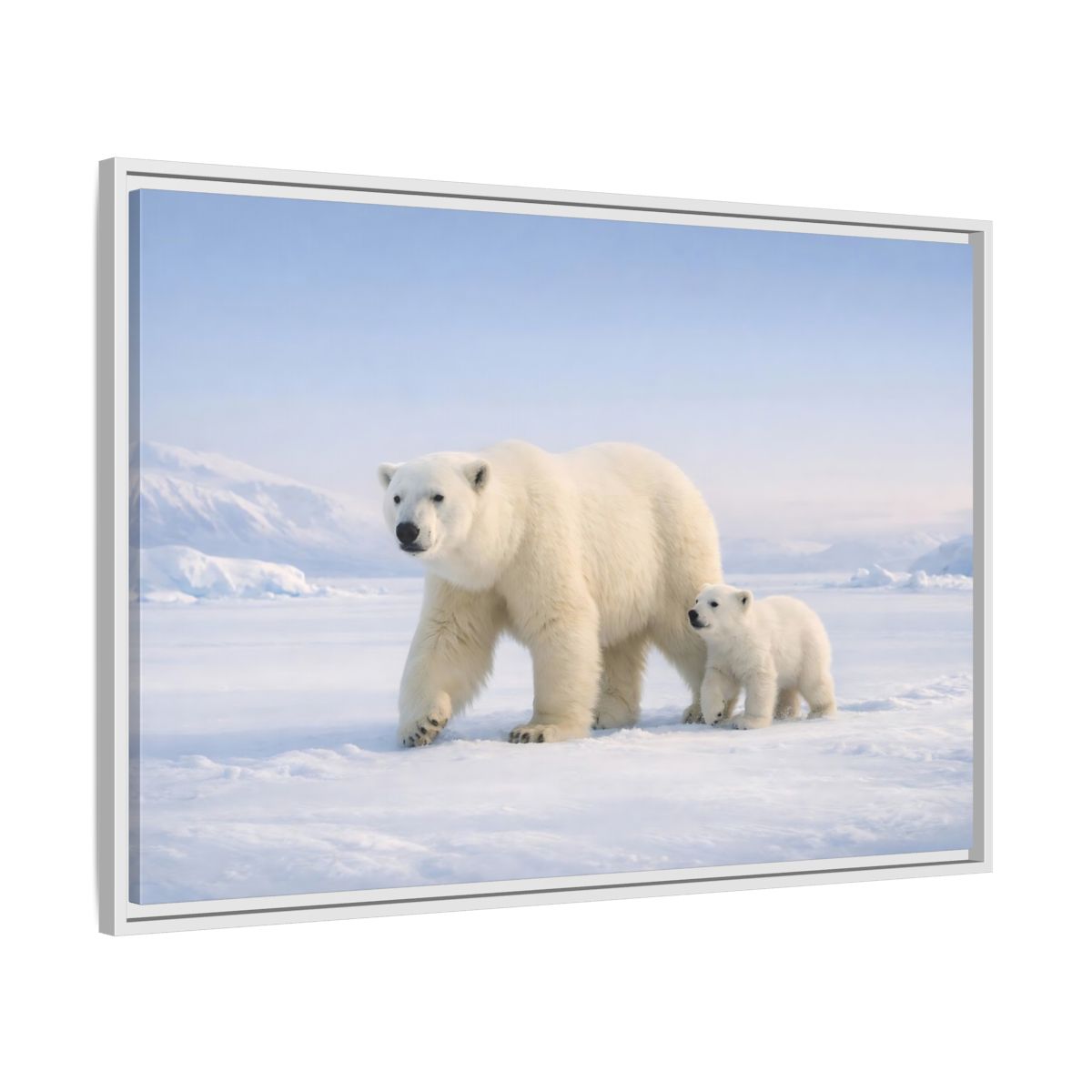 Side Mockup 8. Animals Polar Bears White And Blue shown as stretched canvas wall art