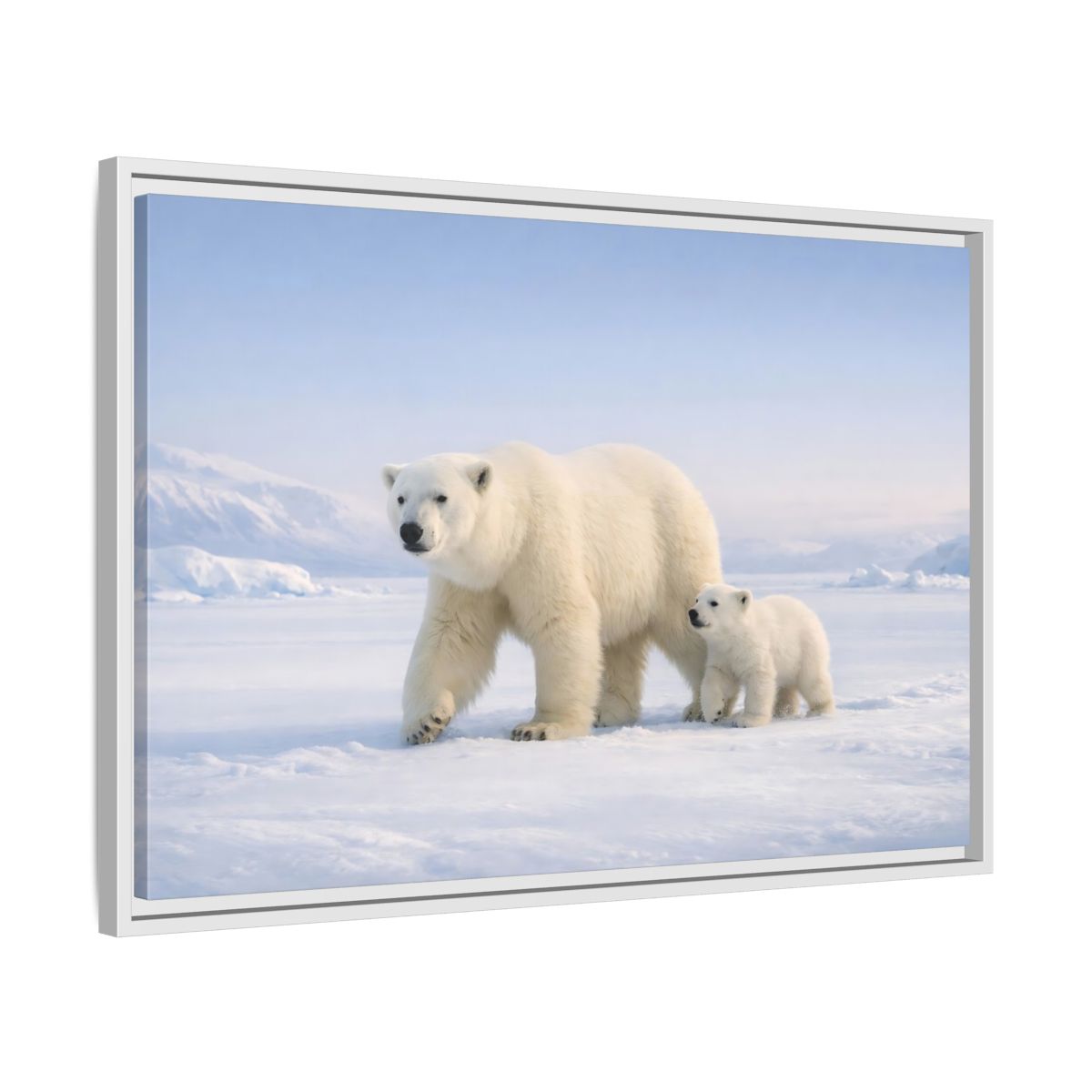 Side Mockup 10. Animals Polar Bears White And Blue shown as stretched canvas wall art