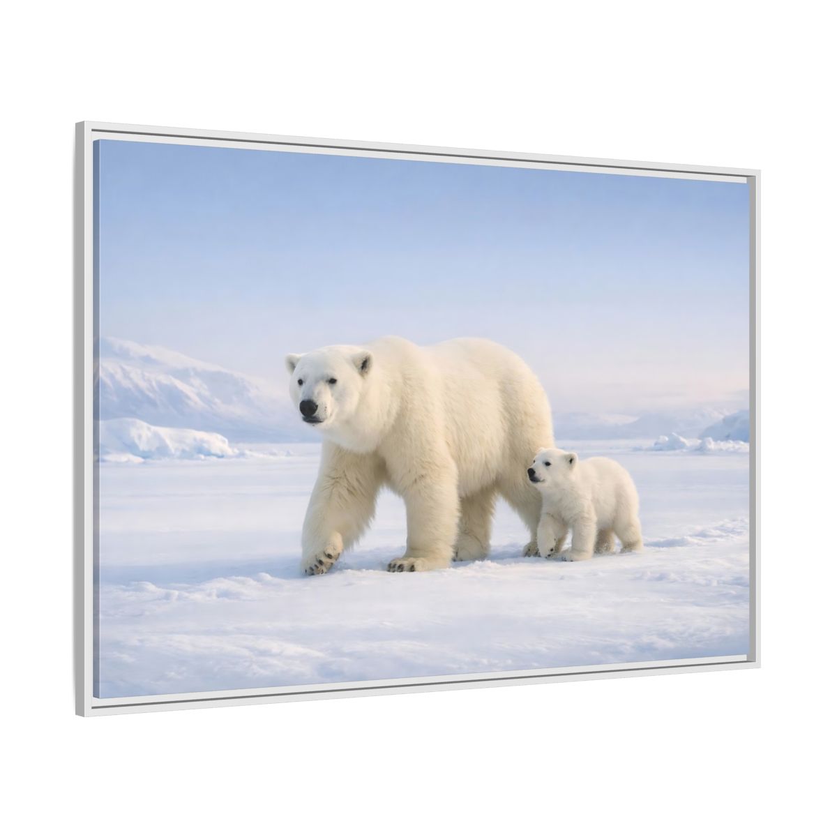 Side Mockup 7. Animals Polar Bears White And Blue shown as stretched canvas wall art
