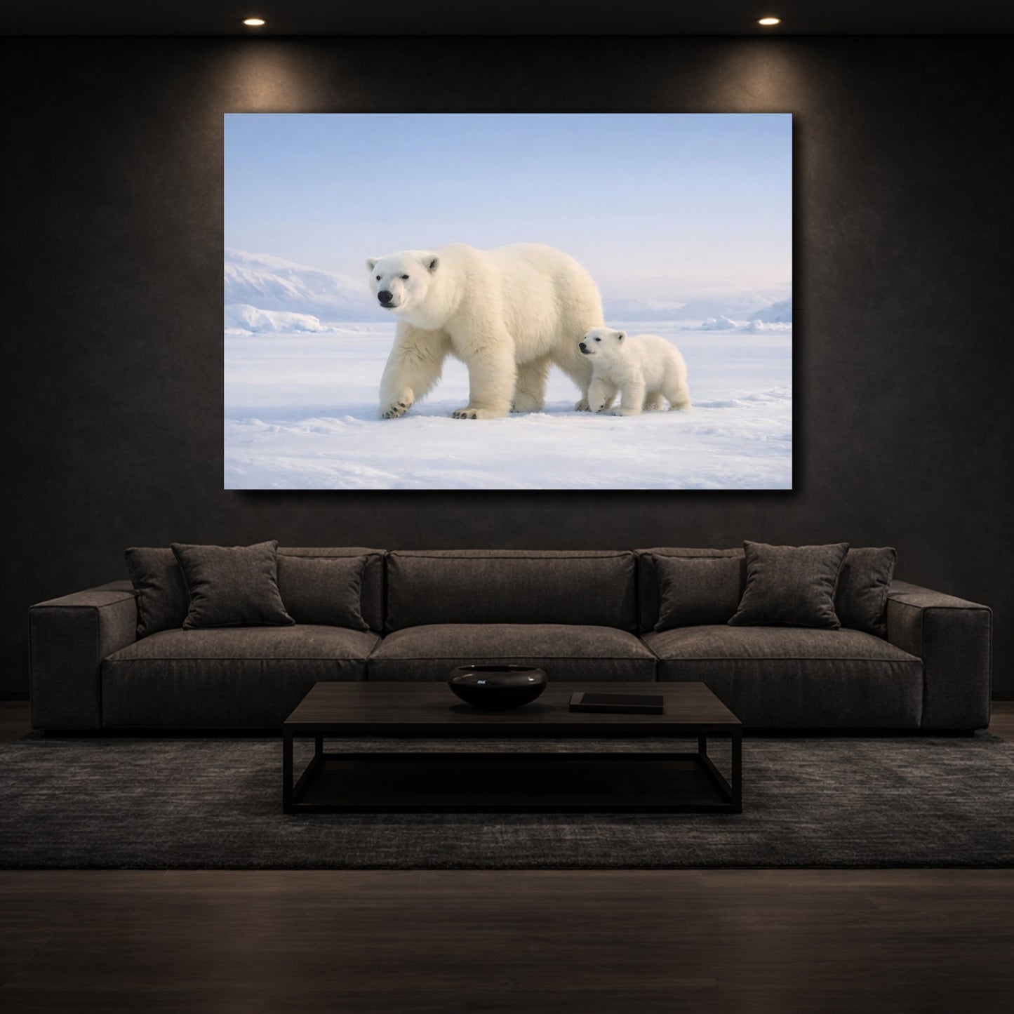 Mockup 2. Animals Polar Bears White And Blue shown as stretched canvas wall art