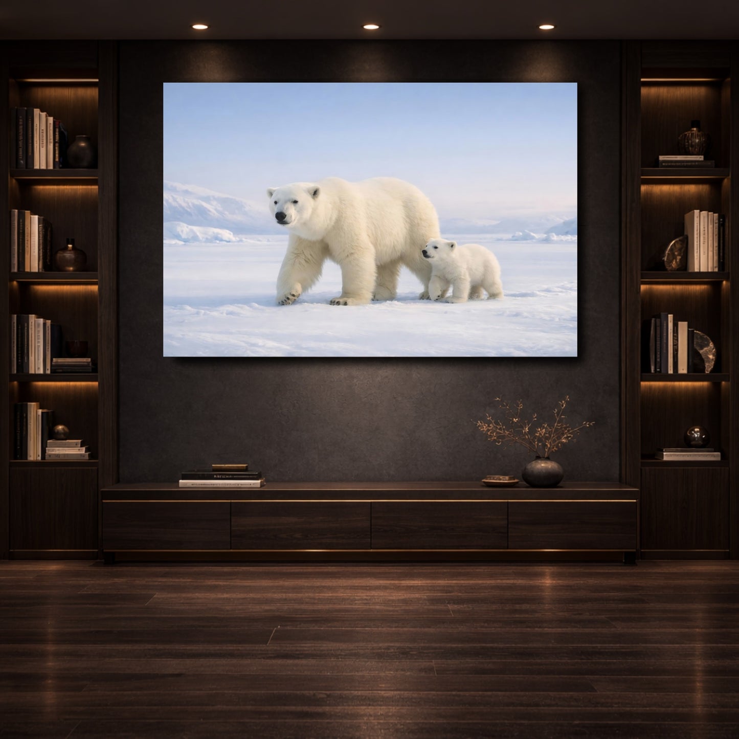 Mockup 3. Animals Polar Bears White And Blue shown as stretched canvas wall art