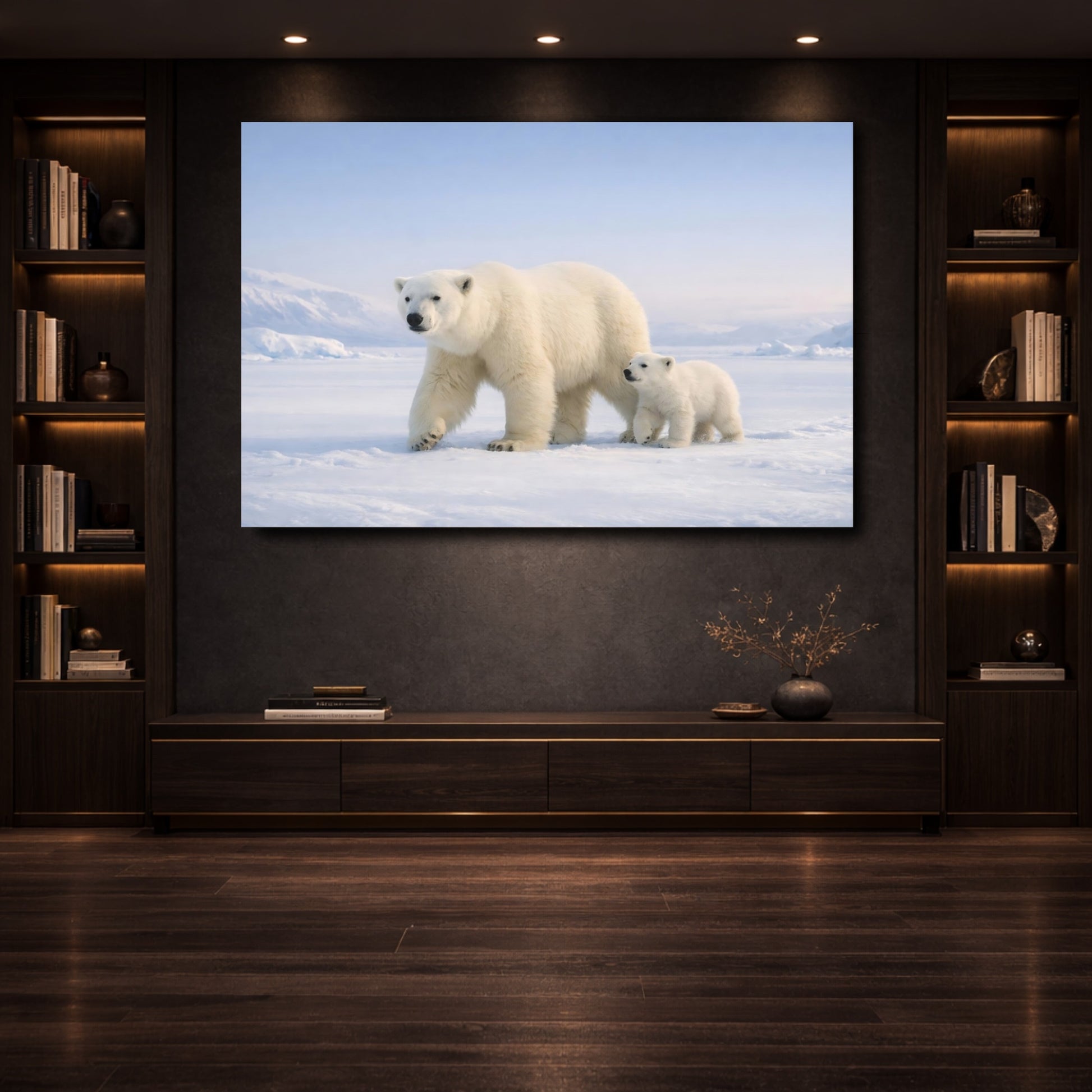 Mockup 3. Animals Polar Bears White And Blue shown as stretched canvas wall art