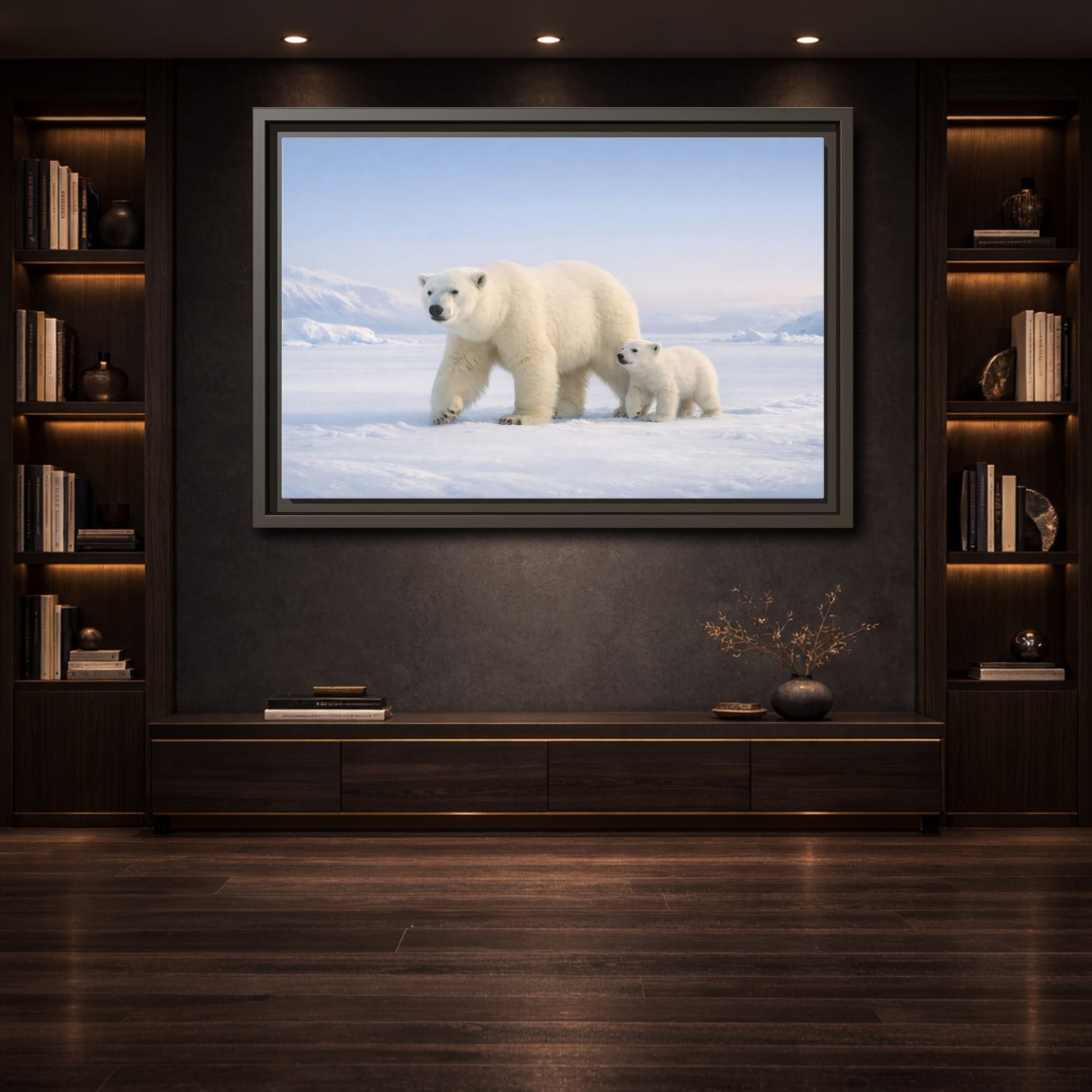 Mockup 3. Animals Polar Bears White And Blue shown as stretched canvas wall art