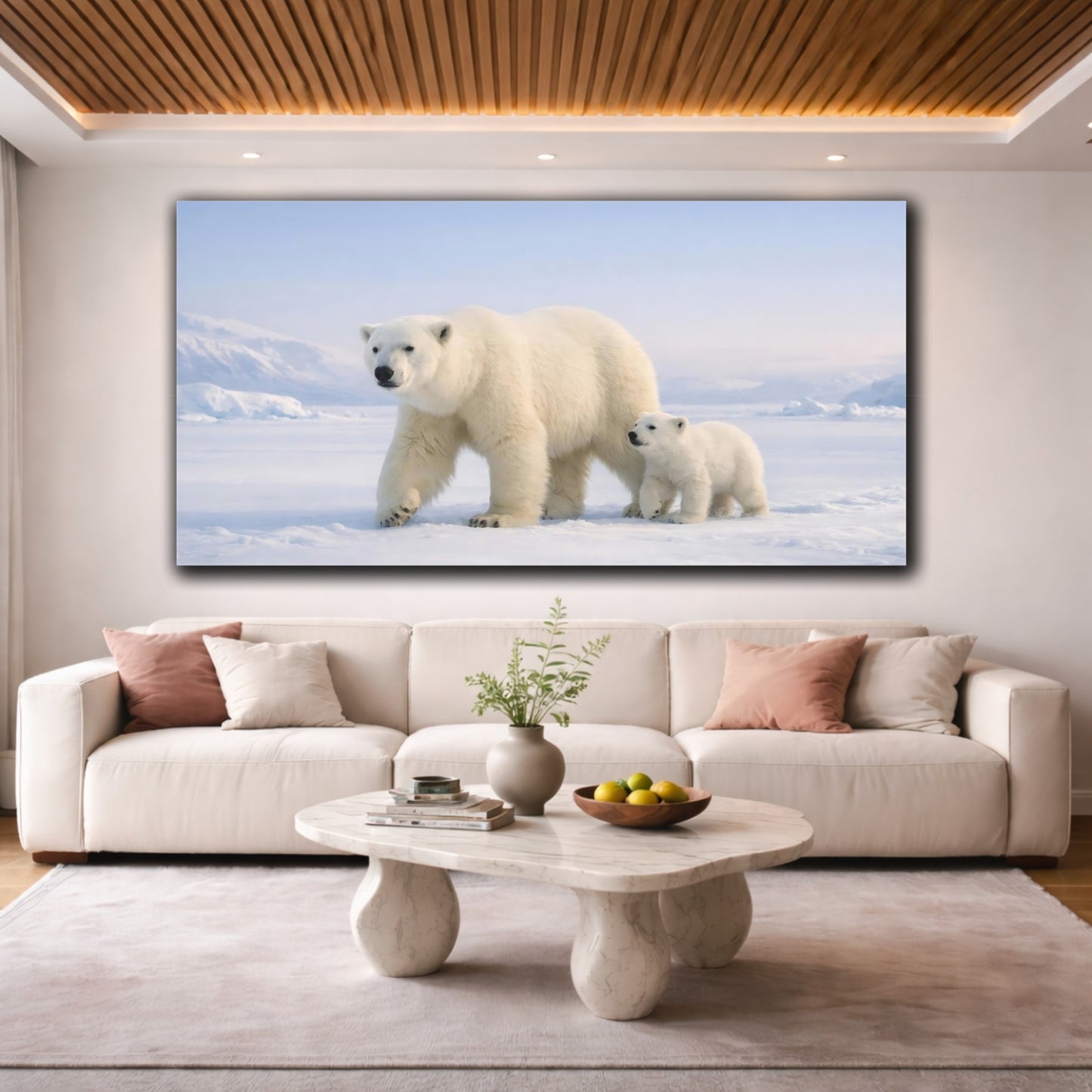 Mockup 3. Animals Polar Bears White And Blue shown as stretched canvas wall art