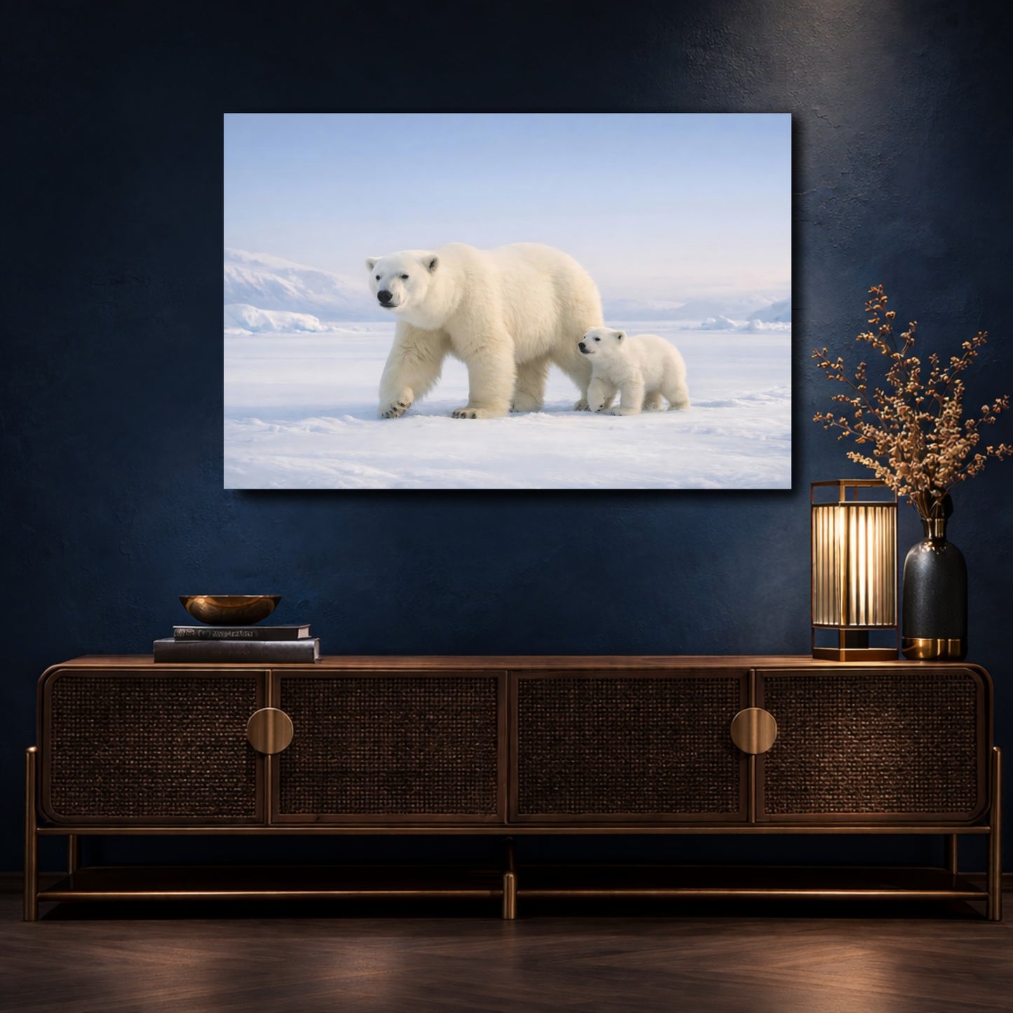 Mockup 4. Animals Polar Bears White And Blue shown as stretched canvas wall art