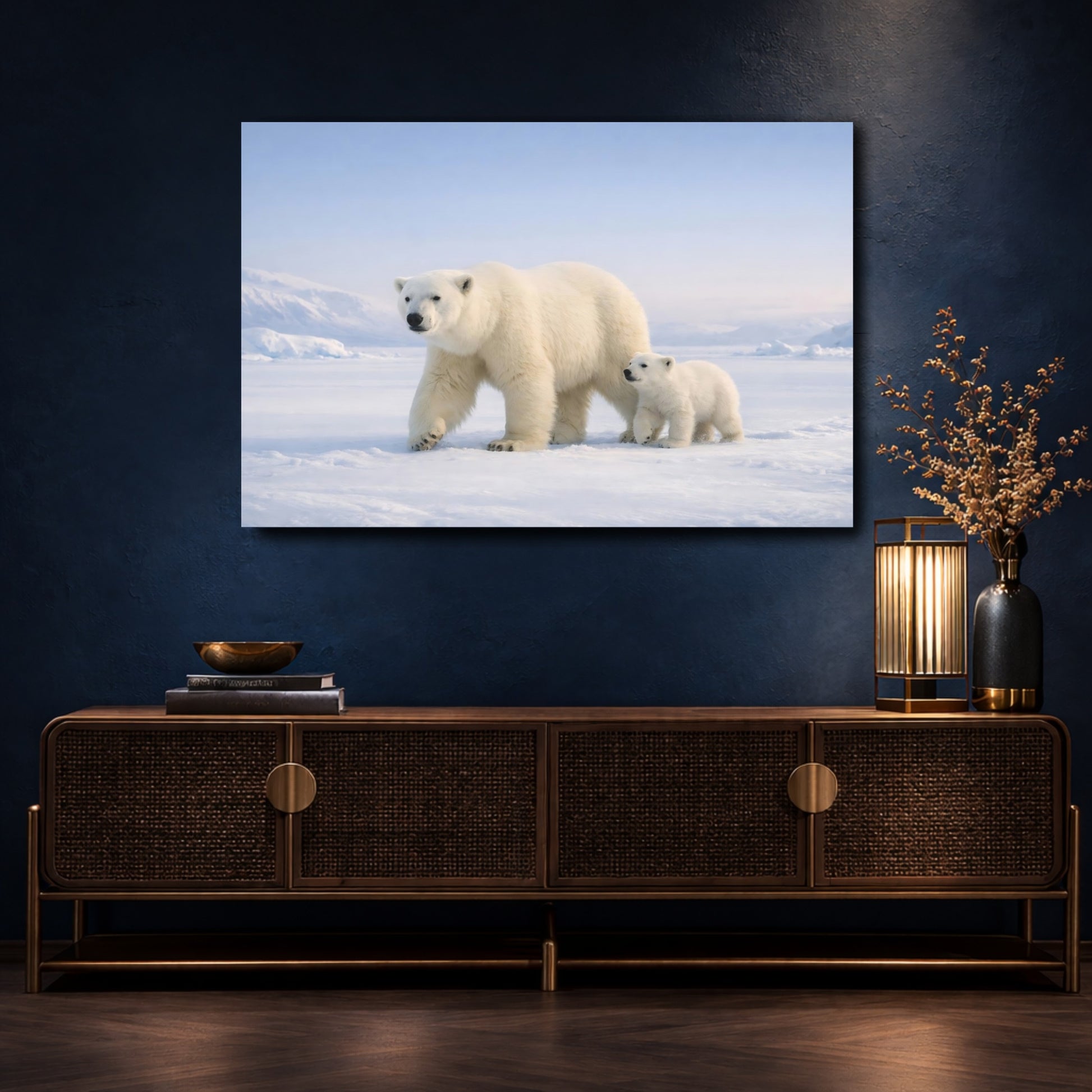 Mockup 4. Animals Polar Bears White And Blue shown as stretched canvas wall art
