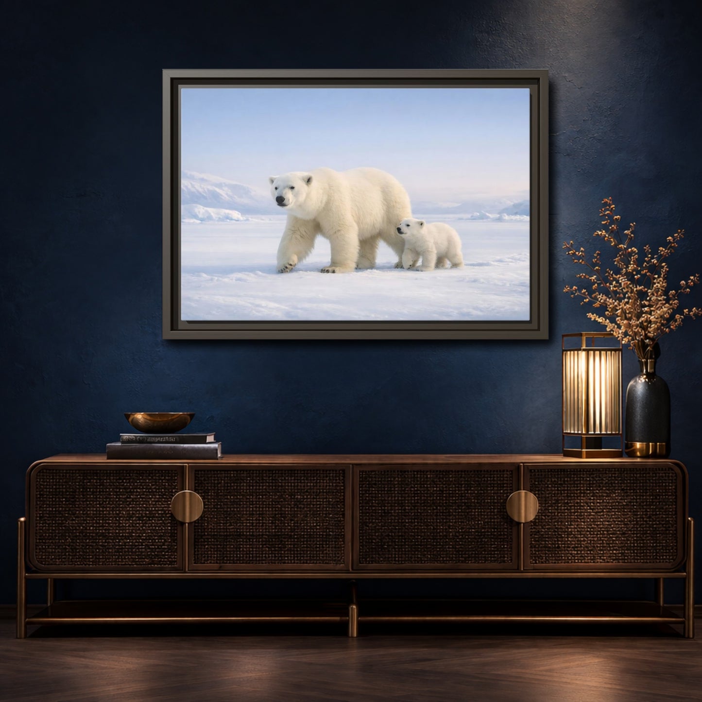 Mockup 4. Animals Polar Bears White And Blue shown as stretched canvas wall art