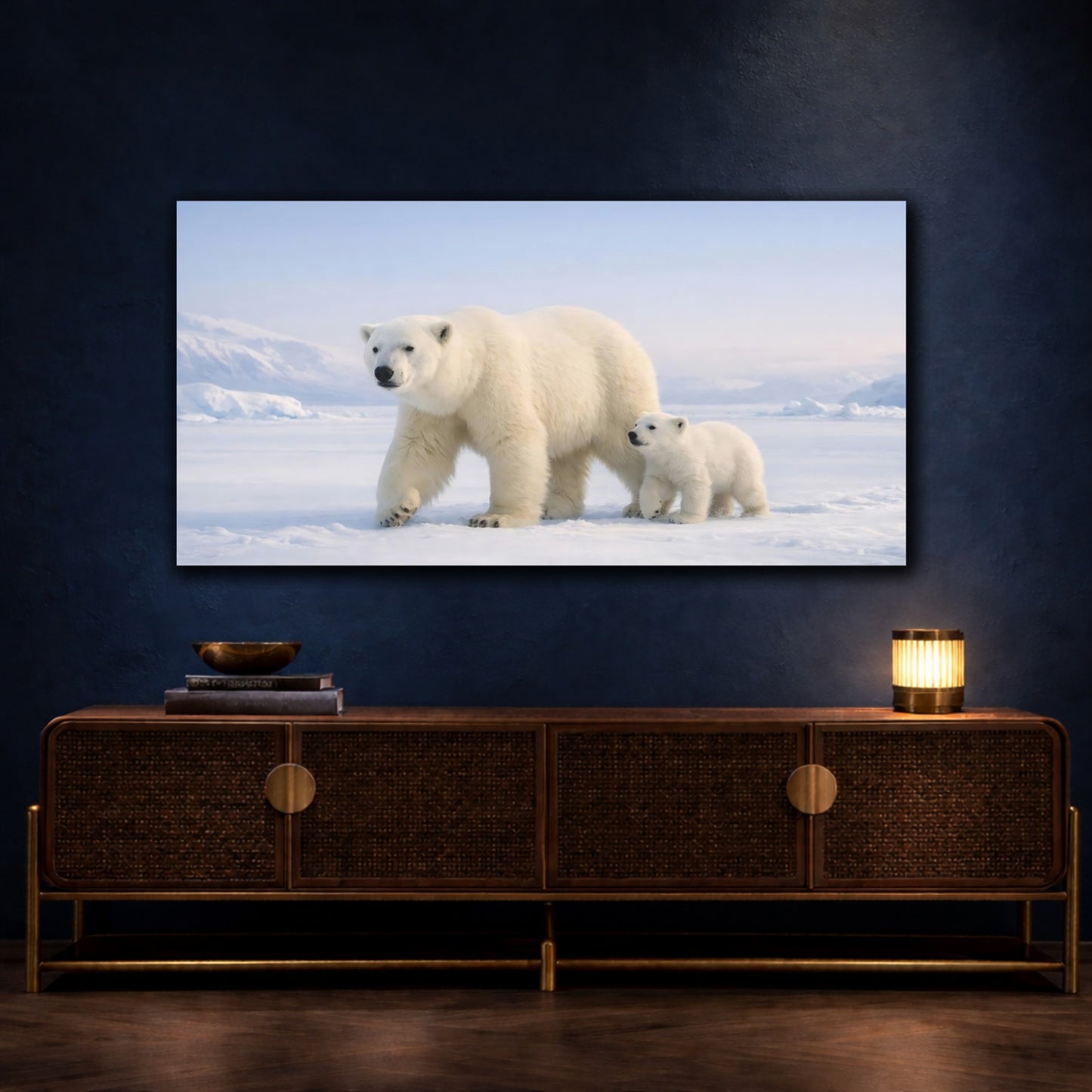 Mockup 4. Animals Polar Bears White And Blue shown as stretched canvas wall art