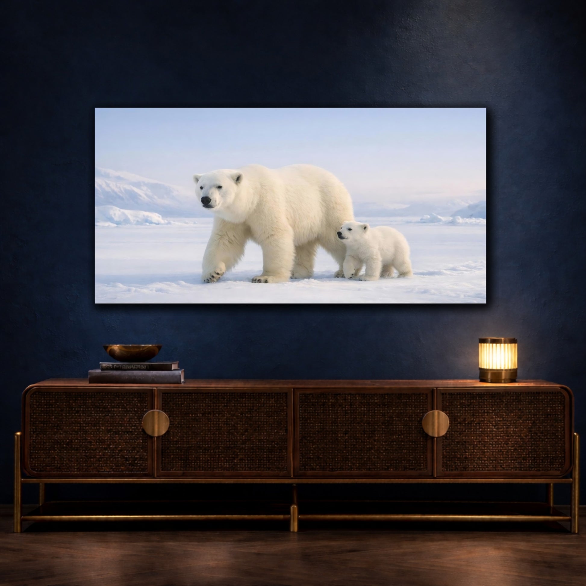 Mockup 4. Animals Polar Bears White And Blue shown as stretched canvas wall art