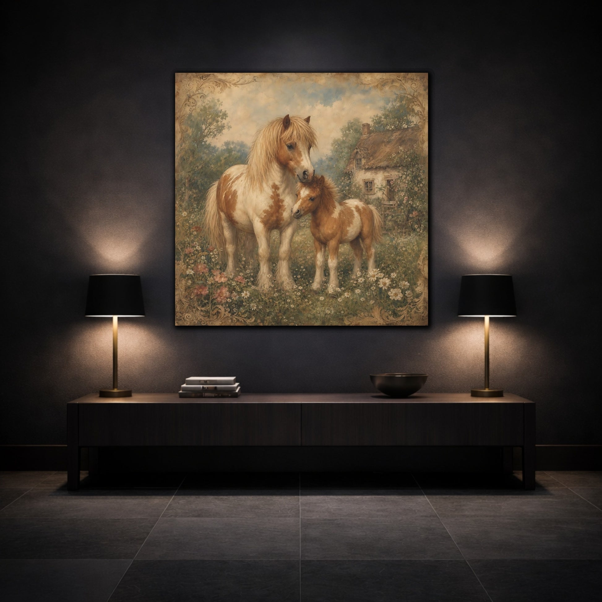 Mockup 3. Animals Ponies Vintage Ponies shown as canvas print