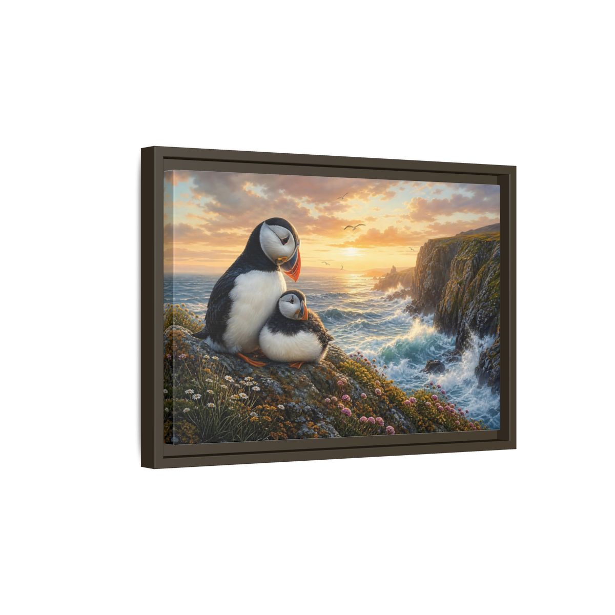 Side Mockup 5. Animals Puffins Puffins Coastal Sunset shown as stretched canvas wall art