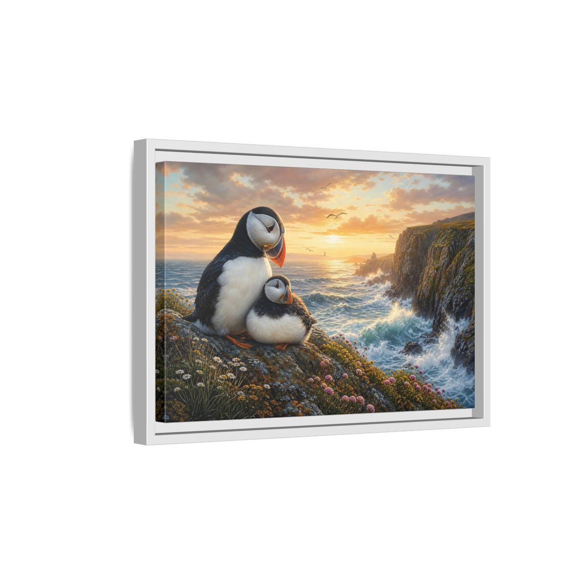 Side Mockup 4. Animals Puffins Puffins Coastal Sunset shown as stretched canvas wall art