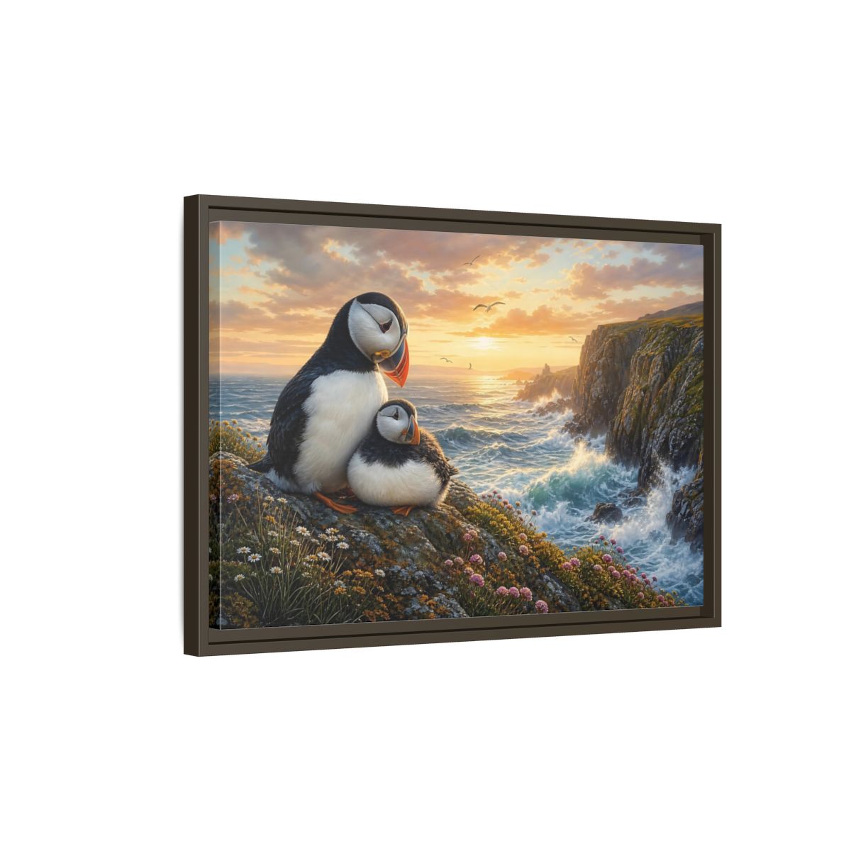 Side Mockup 2. Animals Puffins Puffins Coastal Sunset shown as stretched canvas wall art