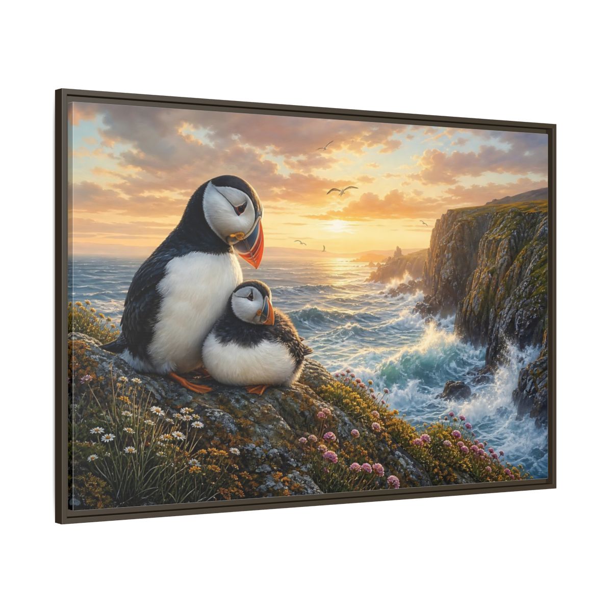 Side Mockup 8. Animals Puffins Puffins Coastal Sunset shown as stretched canvas wall art