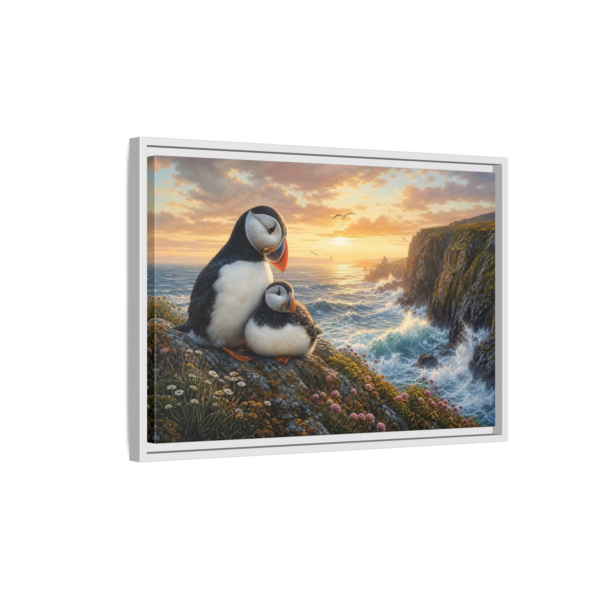 Side Mockup 1. Animals Puffins Puffins Coastal Sunset shown as stretched canvas wall art