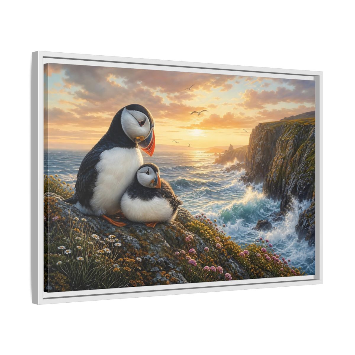 Side Mockup 10. Animals Puffins Puffins Coastal Sunset shown as stretched canvas wall art