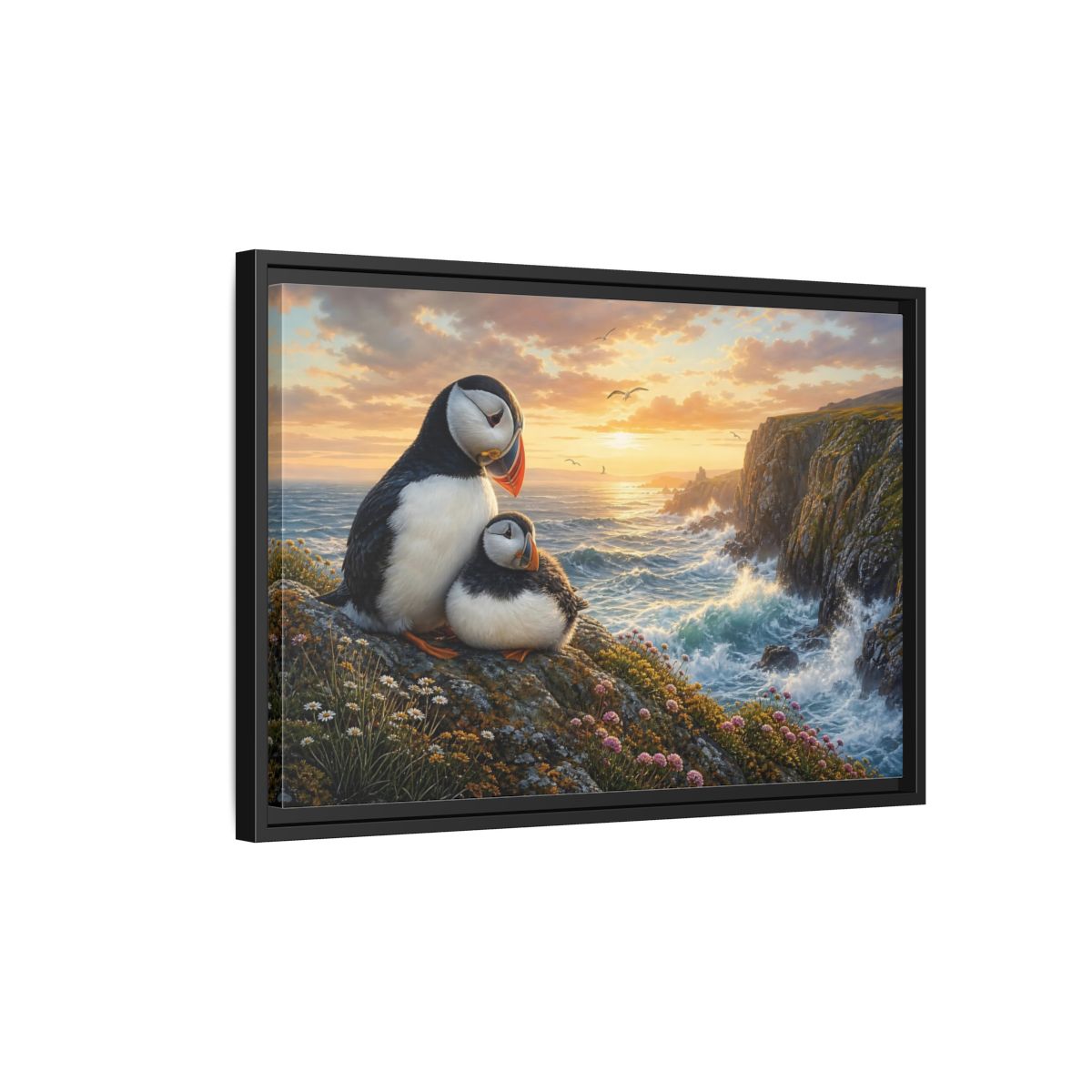 Side Mockup 3. Animals Puffins Puffins Coastal Sunset shown as stretched canvas wall art