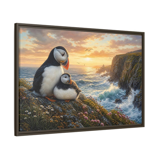 Main Mockup. Animals Puffins Puffins Coastal Sunset shown as stretched canvas wall art
