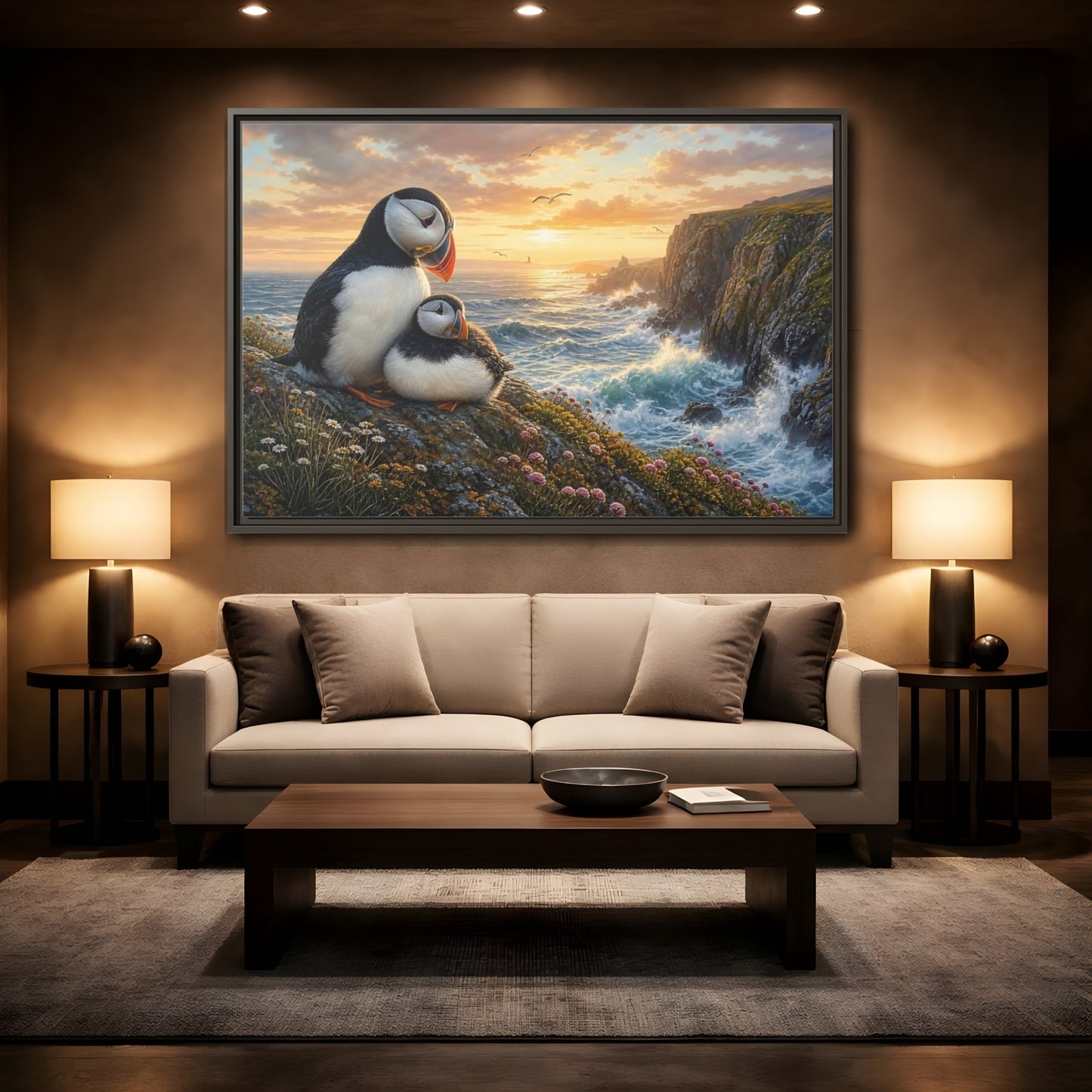 Mockup 2. Animals Puffins Puffins Coastal Sunset shown as stretched canvas wall art