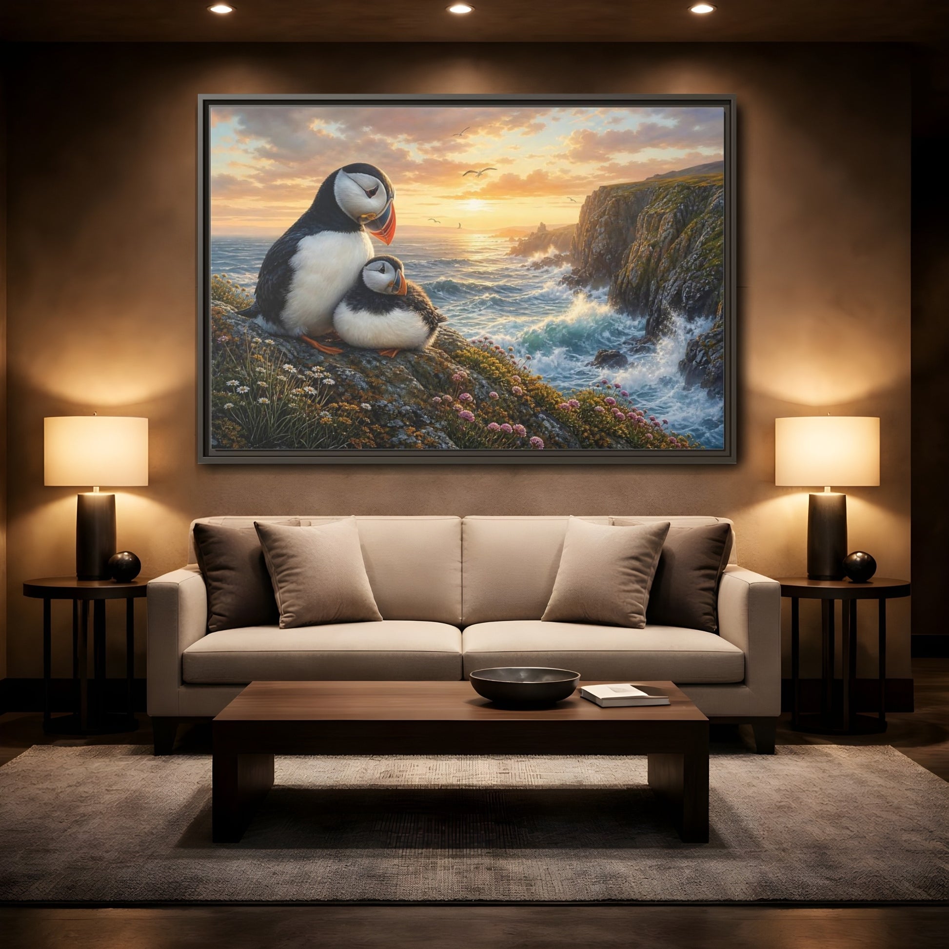 Mockup 2. Animals Puffins Puffins Coastal Sunset shown as stretched canvas wall art