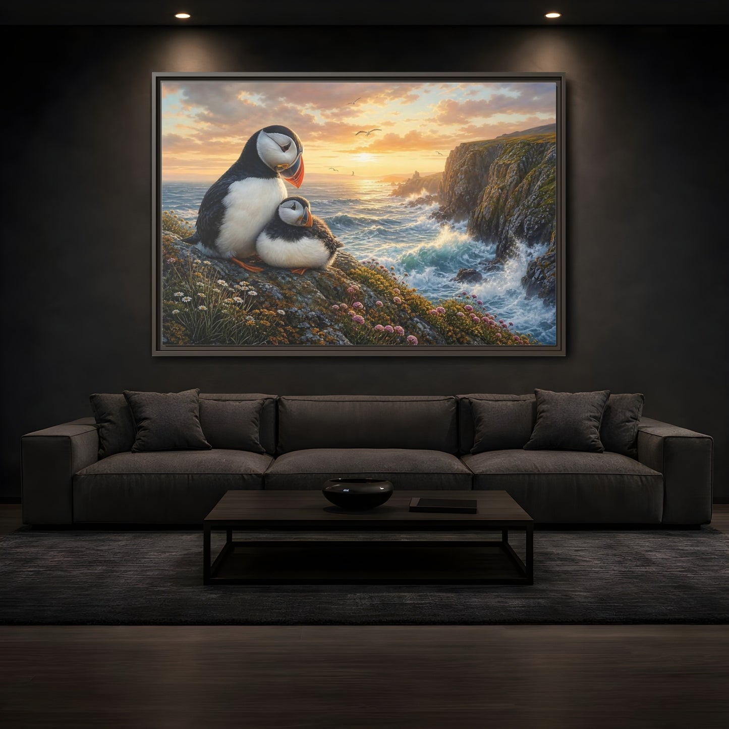 Mockup 3. Animals Puffins Puffins Coastal Sunset shown as stretched canvas wall art