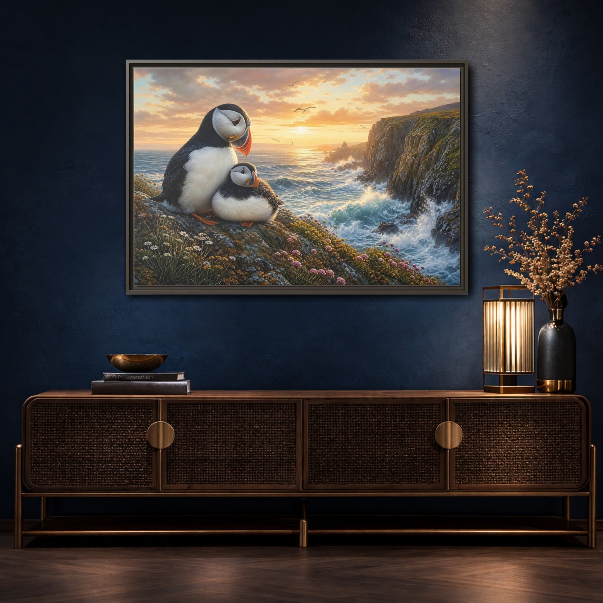 Mockup 4. Animals Puffins Puffins Coastal Sunset shown as stretched canvas wall art
