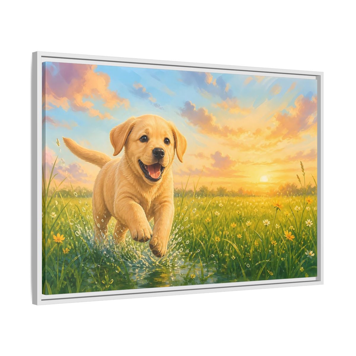 Side Mockup 9. Animals Puppy Golden Puppy shown as stretched canvas wall art