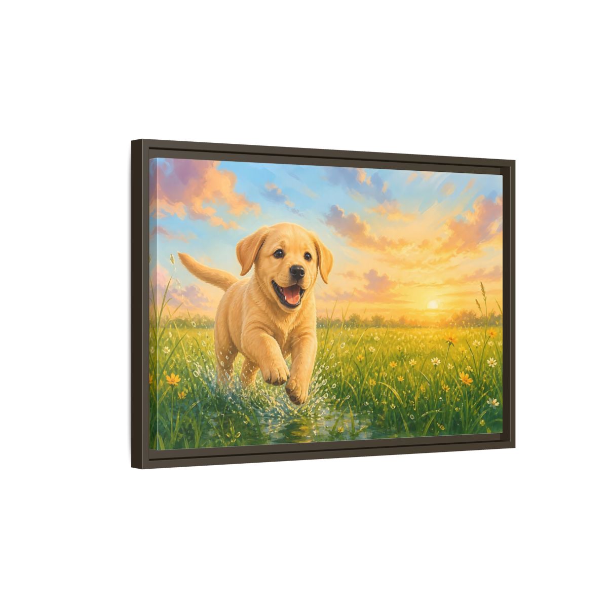 Side Mockup 2. Animals Puppy Golden Puppy shown as stretched canvas wall art