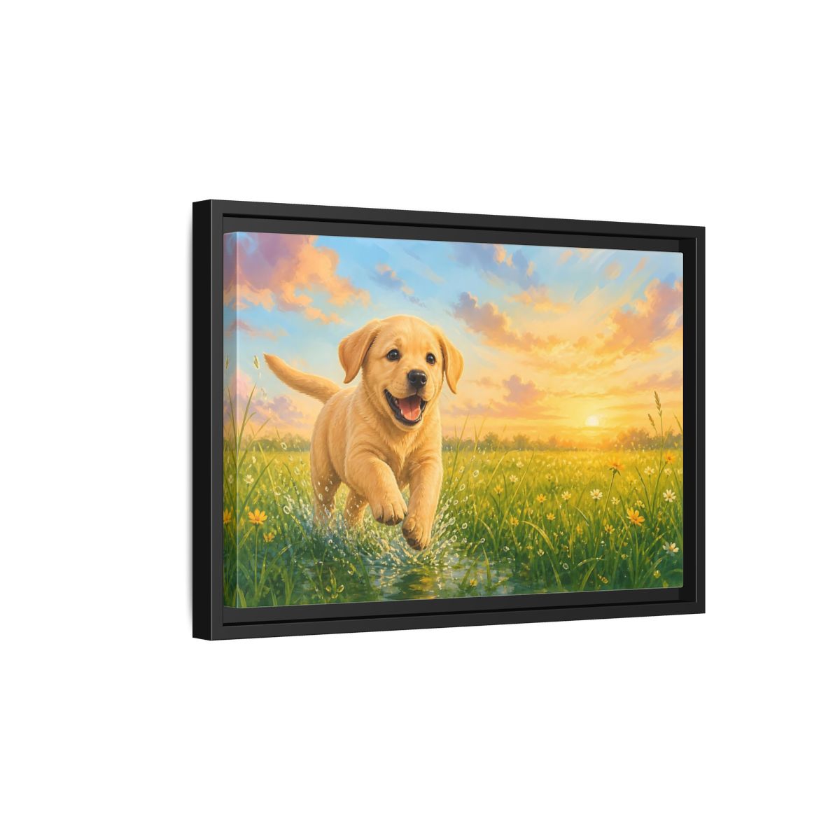 Side Mockup 6. Animals Puppy Golden Puppy shown as stretched canvas wall art