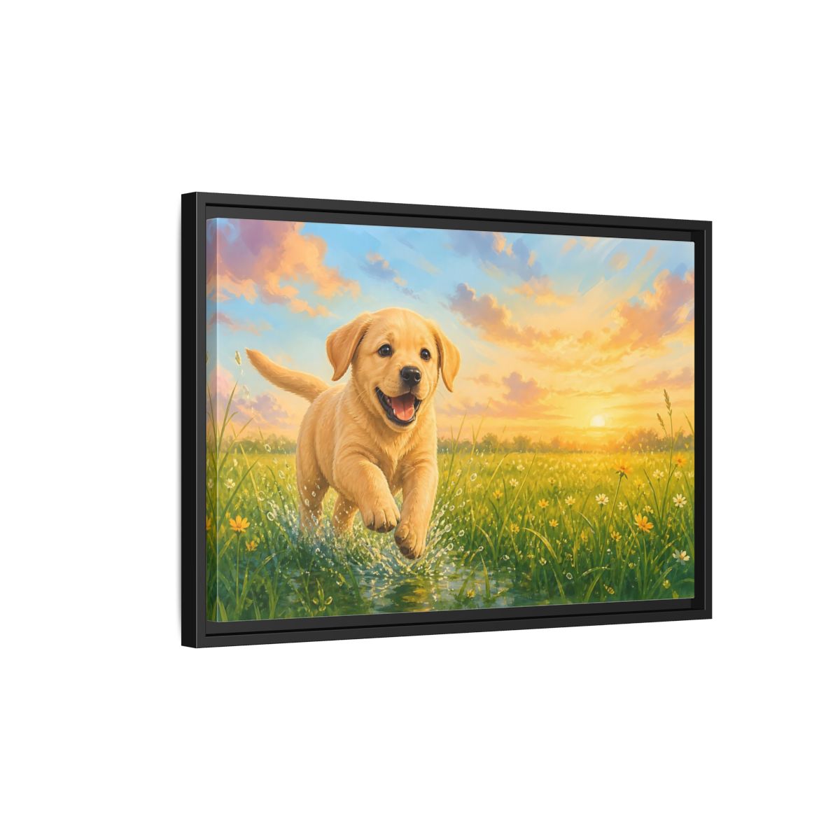 Side Mockup 3. Animals Puppy Golden Puppy shown as stretched canvas wall art