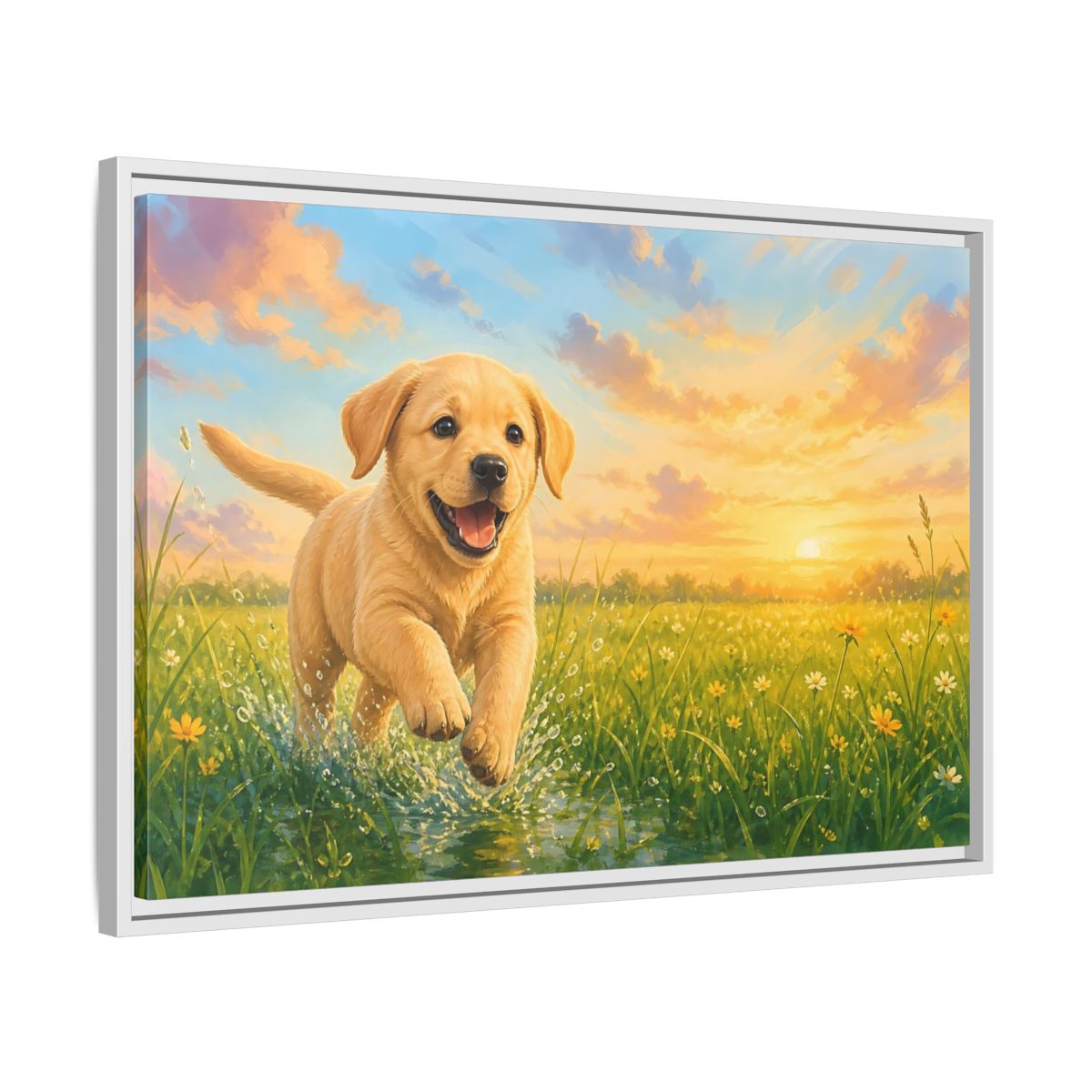 Side Mockup 10. Animals Puppy Golden Puppy shown as stretched canvas wall art