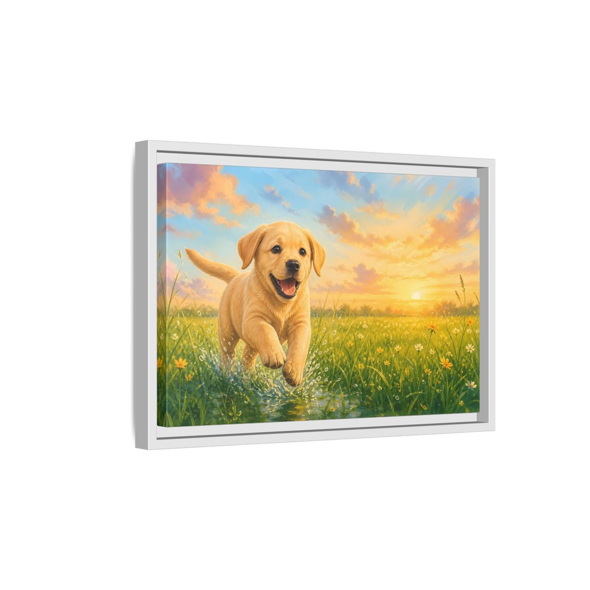 Side Mockup 4. Animals Puppy Golden Puppy shown as stretched canvas wall art
