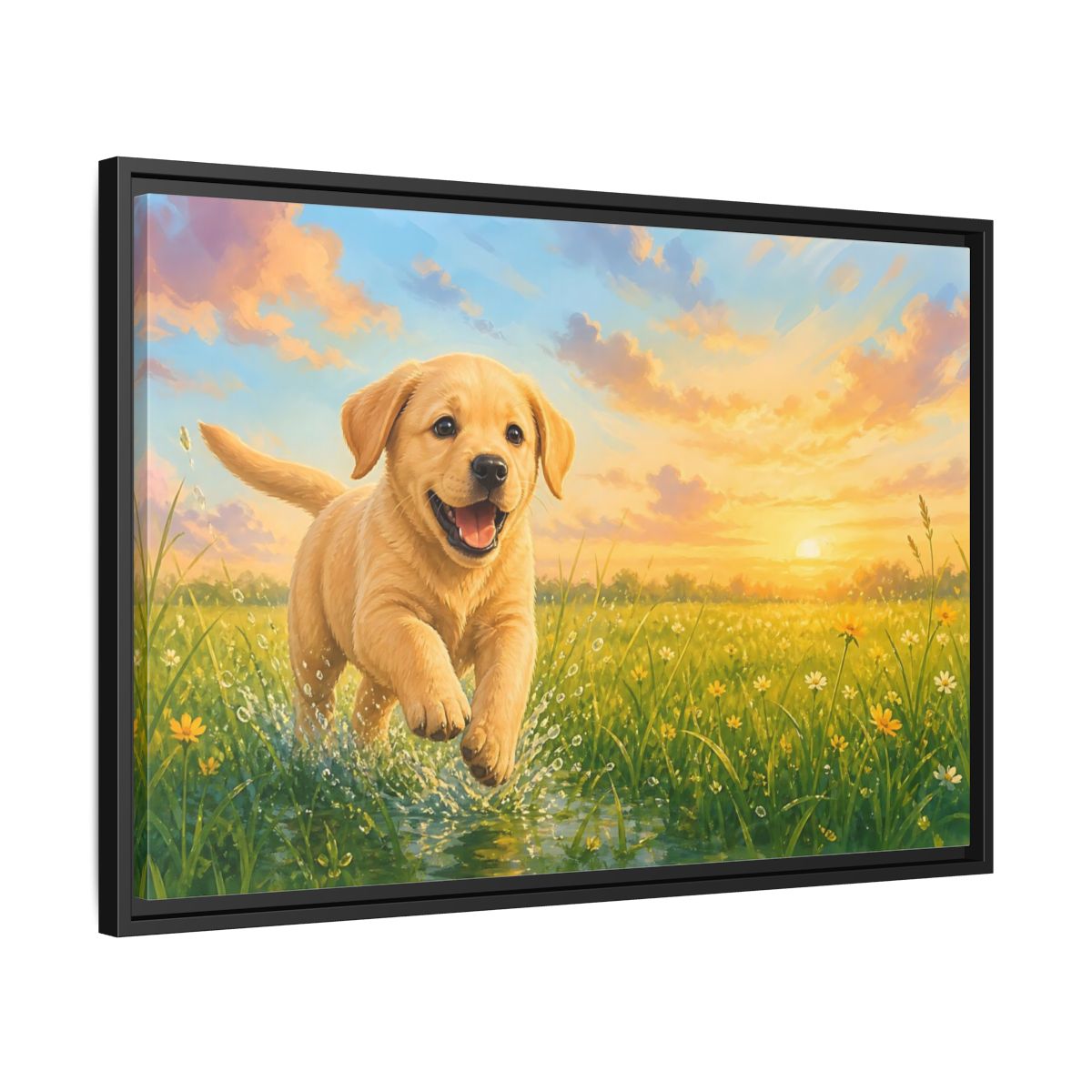 Side Mockup 14. Animals Puppy Golden Puppy shown as stretched canvas wall art