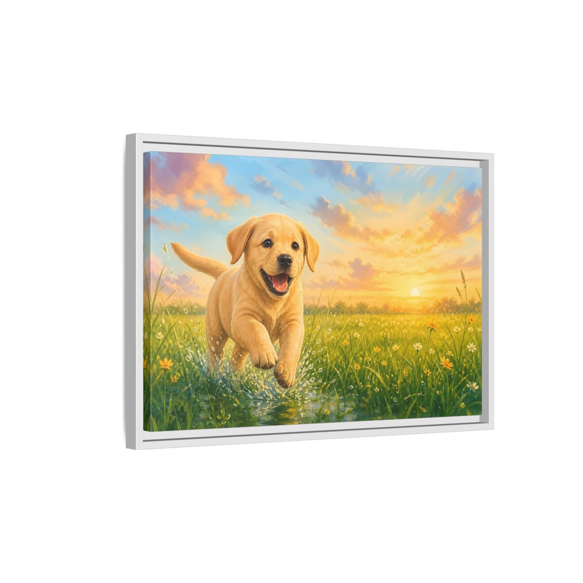Side Mockup 1. Animals Puppy Golden Puppy shown as stretched canvas wall art