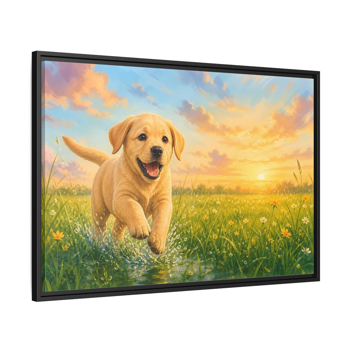 Side Mockup 13. Animals Puppy Golden Puppy shown as stretched canvas wall art