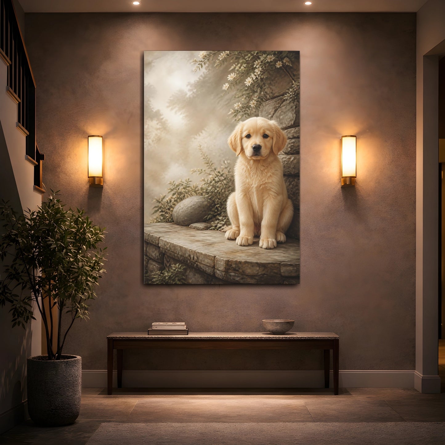 Mockup 2. Animals Puppy Golden Puppy shown as stretched canvas wall art