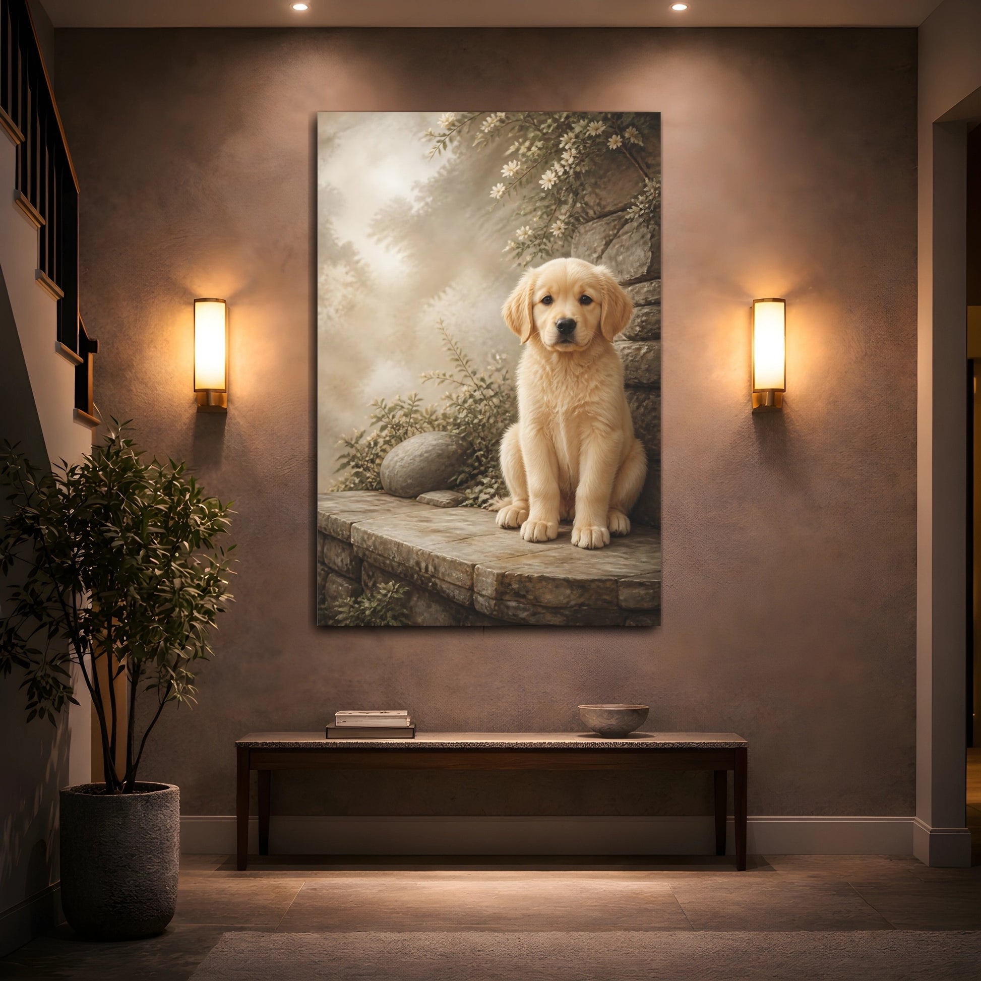 Mockup 2. Animals Puppy Golden Puppy shown as stretched canvas wall art