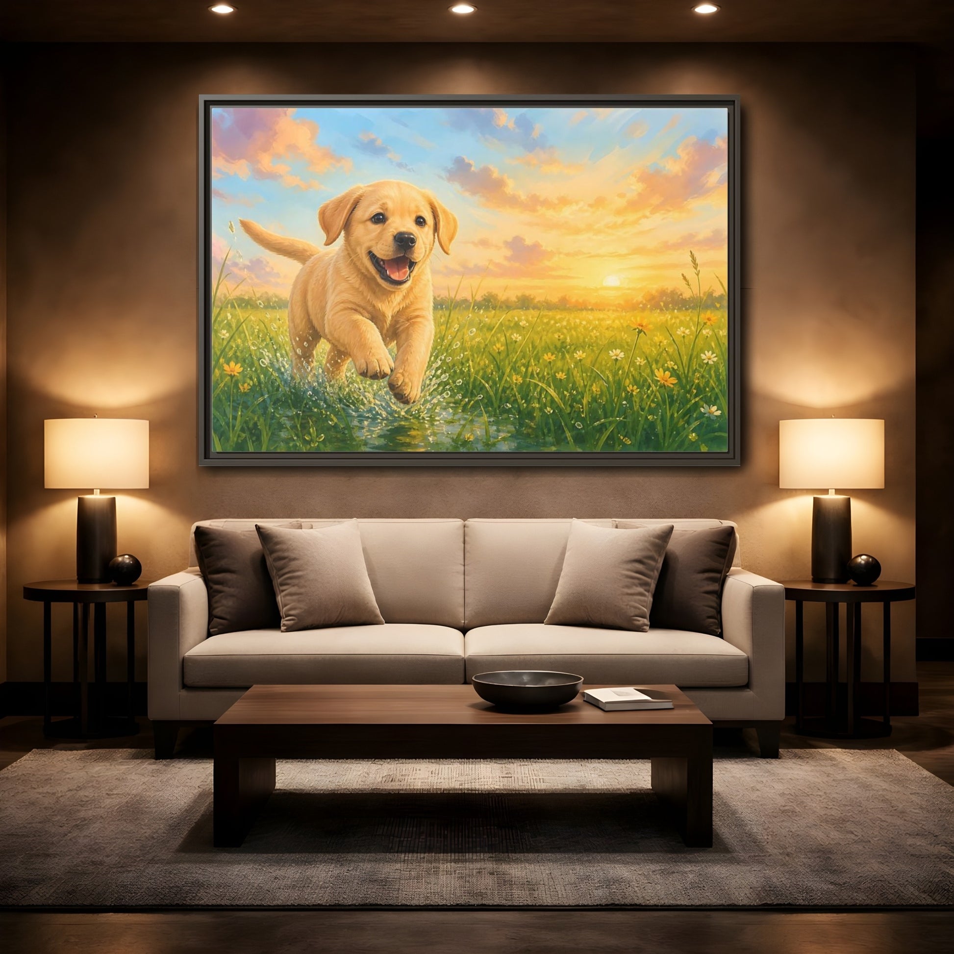 Mockup 2. Animals Puppy Golden Puppy shown as stretched canvas wall art