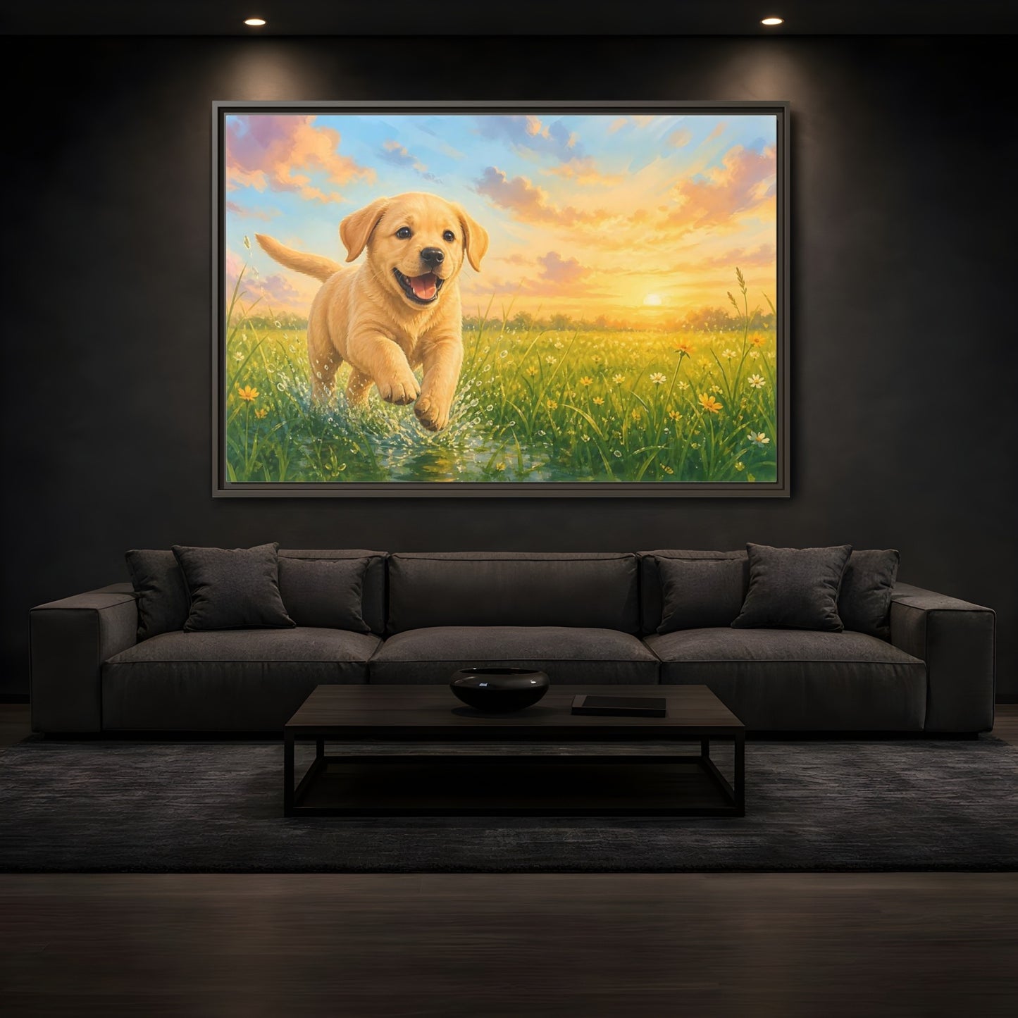 Mockup 3. Animals Puppy Golden Puppy shown as stretched canvas wall art