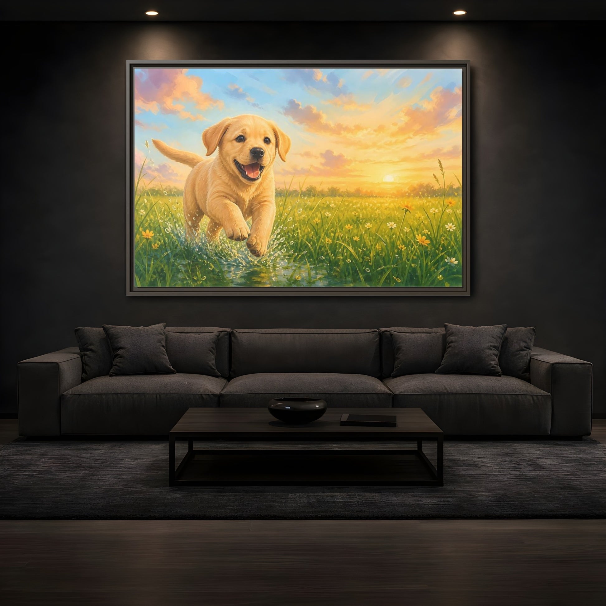 Mockup 3. Animals Puppy Golden Puppy shown as stretched canvas wall art
